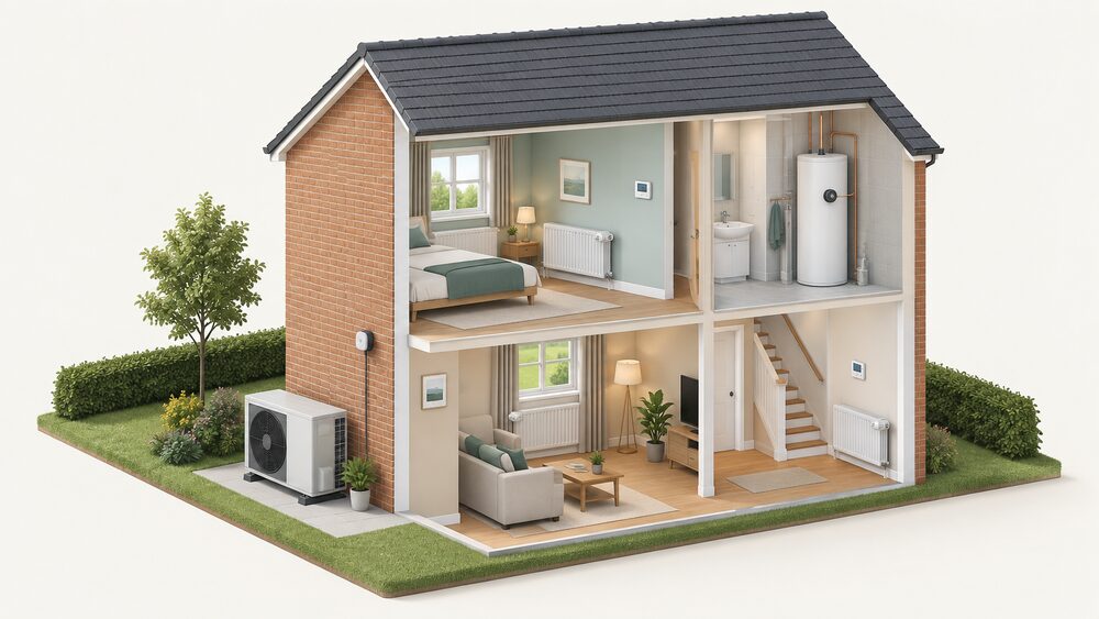A cutaway house showing an air source heat pump fan unit outside on the ground, an outdoor temperature sensor on the external wall, a controller and room thermostat on inside walls, and a hot water cylinder with its thermostat indoors, all part of one heating control system.