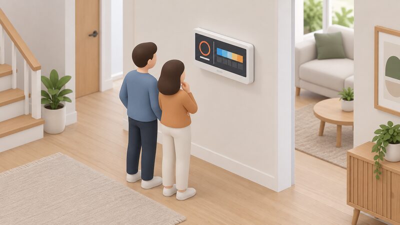 A household of two simplified figures stands indoors looking at a wall-mounted heat pump controller, its screen showing a plain flow temperature readout and a simple schedule of colour bands, both rendered as blank blocks with no readable figures.