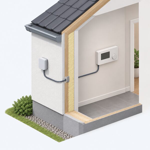 A small outdoor temperature sensor fixed to an outside wall of a house, with a cable running from it into the wall towards the heat pump controller inside, shown in a cutaway so the connection between sensor and controller is visible.