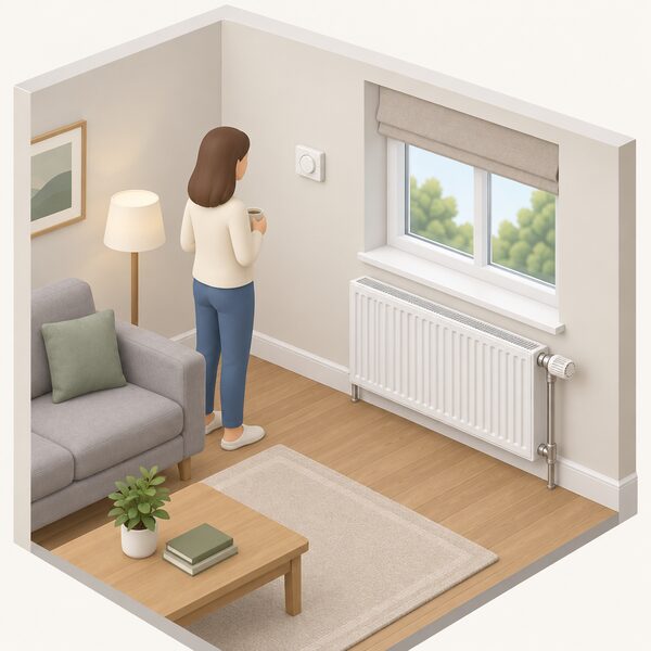 A simply drawn home interior showing a room thermostat mounted on an interior wall and, on a radiator in the same room nearby, a thermostatic radiator valve at its end, both shown as ordinary domestic fittings.