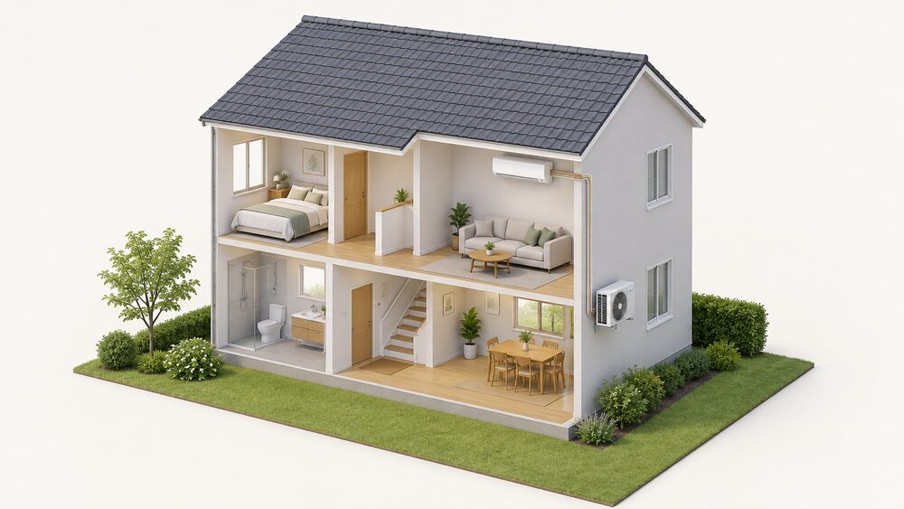 A cutaway of a small home showing one wall-mounted indoor air unit high on a living room wall, refrigerant pipes running through the external wall to a single outdoor fan unit mounted on the outside wall, the two units connected by the same pipework.