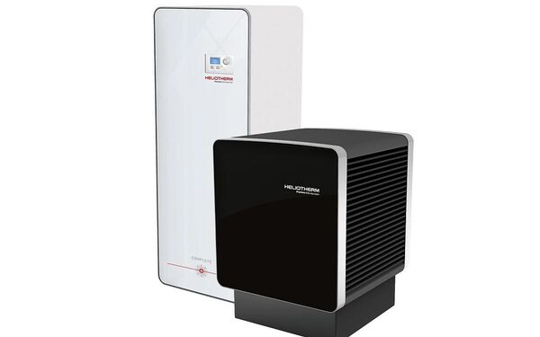 A Heliotherm Complete split air source heat pump, showing the indoor unit and outdoor unit side by side