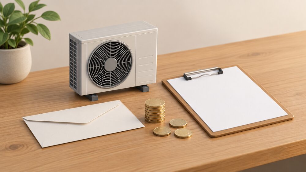 A small model of an air source heat pump fan unit stands on a wooden table beside a blank invoice on a clipboard, a plain envelope and a short stack of coins, with a few coins already set apart in front of the paperwork.