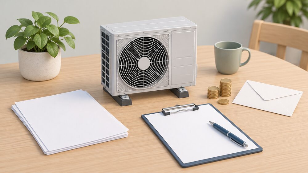 A small model of an outdoor air source heat pump unit stands on a table beside blank quote paperwork, a clipboard with a pen, a stack of coins and a plain envelope, arranged as the moment a household reviews an installation quote.