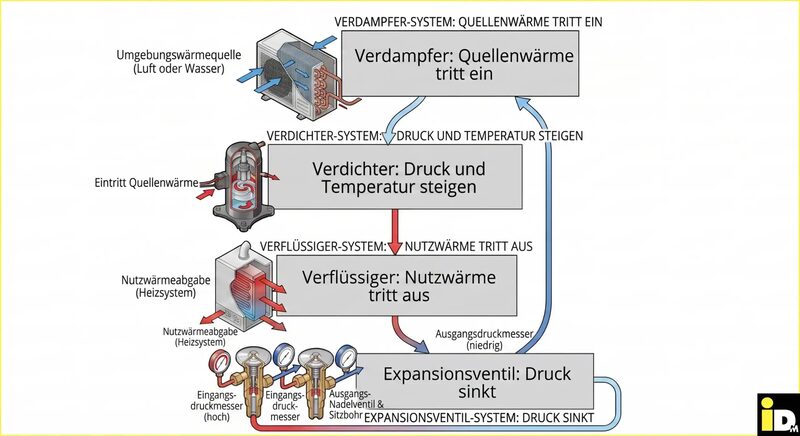 A labelled diagram of heat pump components showing the evaporator, compressor, condenser and expansion valve in a refrigerant cycle