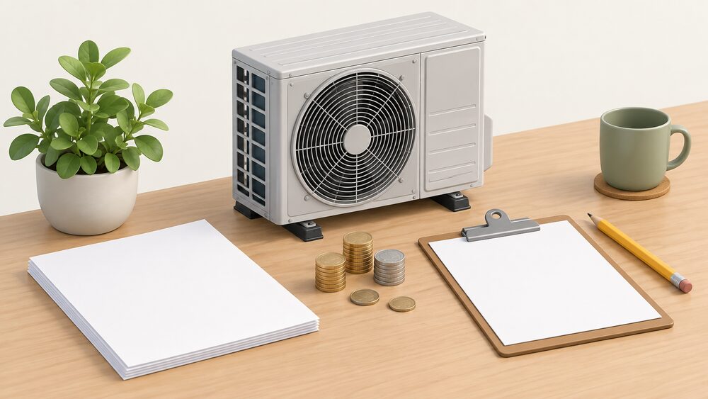 A small model of an air source heat pump outdoor fan unit stands on a table beside blank datasheet paperwork, a clipboard and a pencil, with a few coins nearby suggesting running cost.