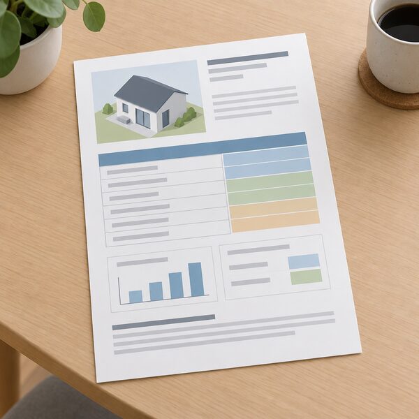 A printed heat pump datasheet lying flat on a plain domestic table, its page showing blank line blocks and plain colour bands where the COP efficiency figures would appear, with no readable words or numbers.