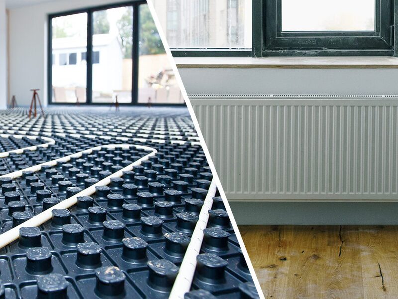 A split image comparing underfloor heating pipes laid in black floor panels beside a white wall radiator under a window