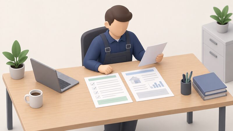 An installer at a desk with the completed heat pump connection form laid beside a printed property load calculation sheet, ready to send to the distribution network operator.