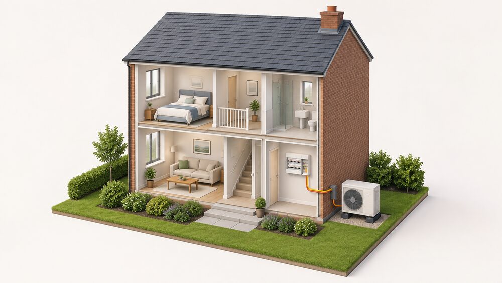 A cutaway house showing an air source heat pump fan unit standing outside on the ground, a cable running from it through the external wall to a consumer unit with a main fuse inside the home, on its own dedicated circuit separate from the other house circuits.