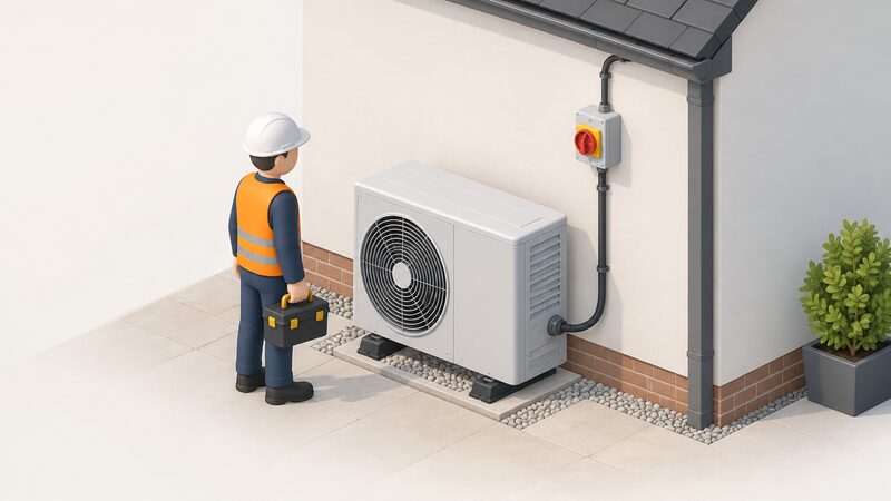 An isometric installer figure stands beside a heat pump outdoor unit on an outside wall, with a dedicated cable running up from a gland into a rotary isolator switch mounted within sight of the unit on the same wall.