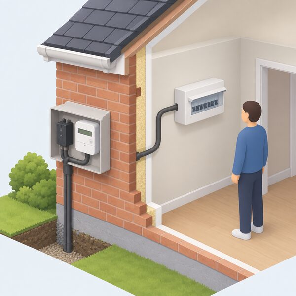 A cutaway view of the incoming single-phase supply to a small house, showing the main fuse and electricity meter in a box on the outside wall, with the supply cable running from the meter into the consumer unit inside.
