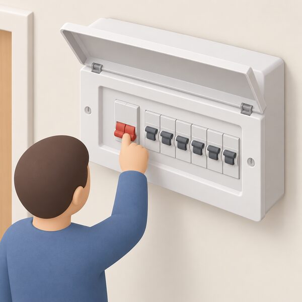 A close-up of a household consumer unit mounted on an interior wall, its front cover open, with a simplified isometric figure's hand moving the large main switch down to the off position, the row of circuit breakers beside it plainly visible.