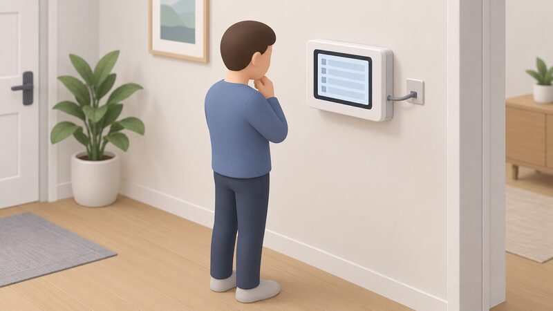 A householder standing indoors beside a wall-mounted heat pump controller, reading its screen where a fault log of repeated message entries is shown as plain blank lines, with the controller connected by a cable into the wall.