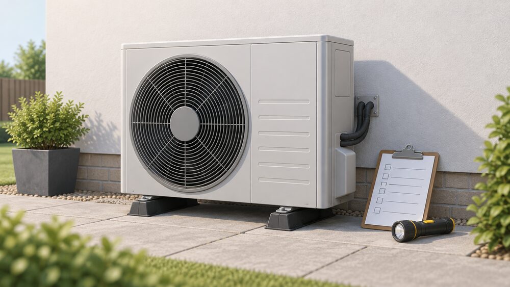 A close-up of an air source heat pump fan unit standing on the ground outside a house wall, with a clipboard holding a fault log and a torch resting beside it, ready for a first check before calling the installer.