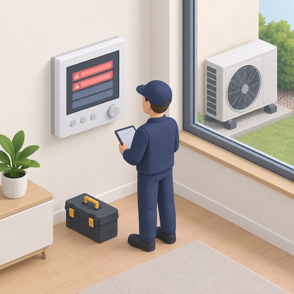 A wall-mounted heat pump control panel indoors with its screen showing a fault message as blank highlighted bands, a small isometric engineer figure standing beside it reading the log, with the outdoor heat pump unit visible through a nearby window.