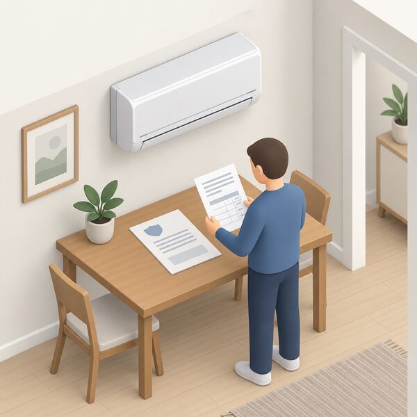 A paper warranty document and a service record sheet lying on a household table beside the indoor unit of a heat pump installation, with a small isometric figure of a homeowner holding the service record as if checking it against the paperwork.