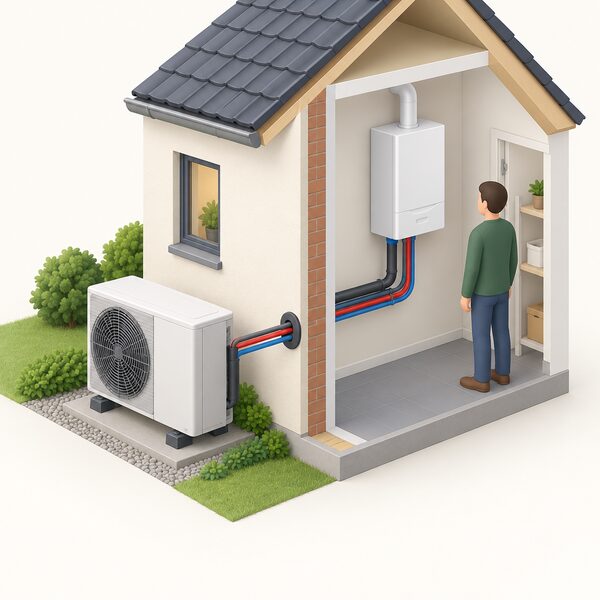 An air source heat pump outdoor unit standing on the ground beside an exterior house wall, with insulated pipework running through the wall to an indoor boiler inside the home, shown in a cutaway view.