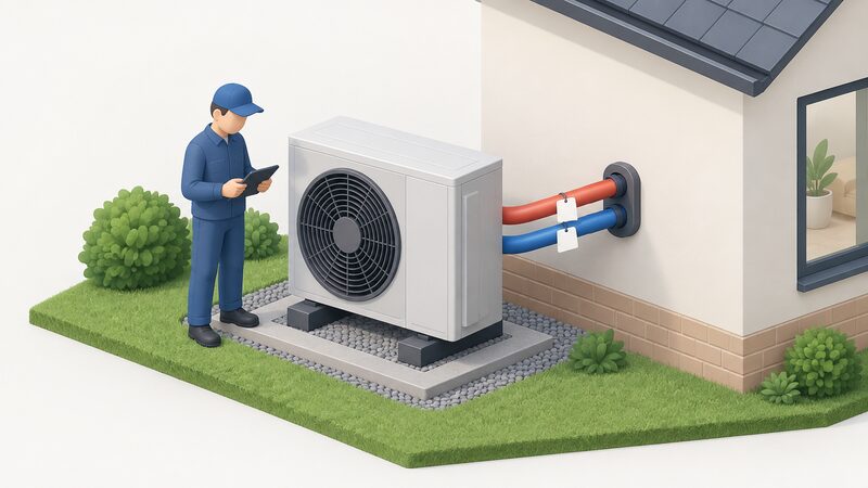 A commissioned heat pump installation outdoors with an engineer beside the unit, showing the flow and return pipe pair running from the heat pump into the house wall, each pipe carrying a plain blank label tag.