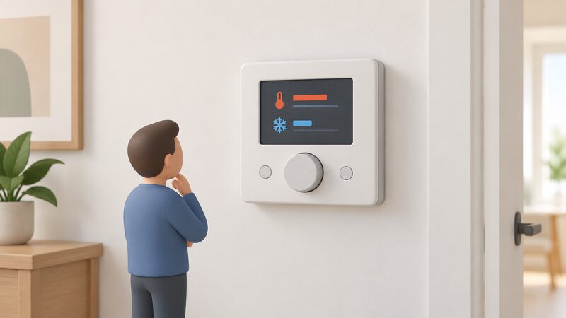 A wall-mounted heat pump controller shown close up as a physical object, its screen displaying a flow temperature setpoint and an outdoor temperature reading as plain blocks and blank lines, with a small simplified figure glancing at it.