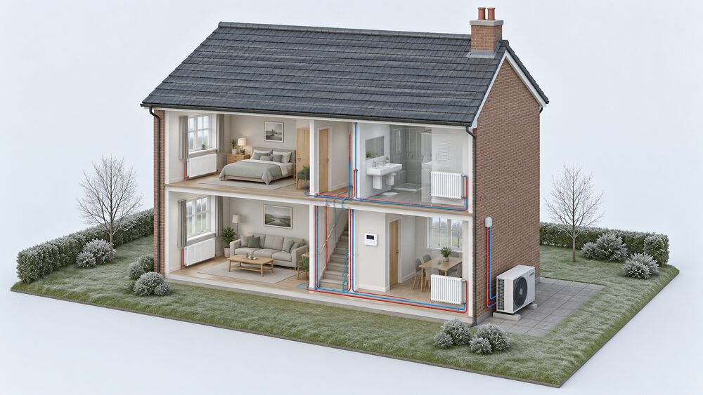A cutaway house on a cold overcast day with an air source heat pump fan unit standing outside on the ground at the rear wall, a wall-mounted controller with a small outdoor sensor on the external wall inside, and large radiators on the walls of the rooms, connected by pipework through the building.