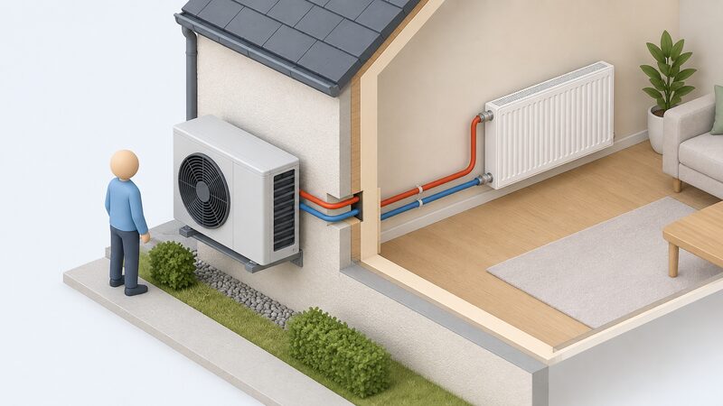 An isometric figure stands beside a high-temperature air-source heat pump outdoor unit on an external wall, with a cutaway showing a conventional panel radiator connected to it inside the home, illustrating the boiler-like flow temperatures these units supply to standard radiator systems.