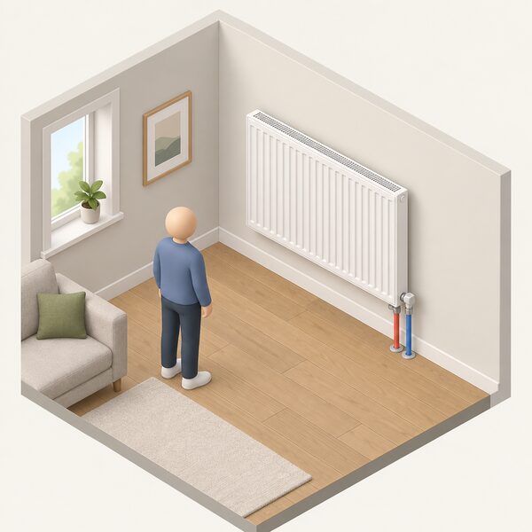 A single panel radiator mounted on an inside wall of a simply furnished room, with two flow and return pipes dropping from its bottom connections into the floor, shown in isometric view with a small simplified figure standing nearby to give scale.