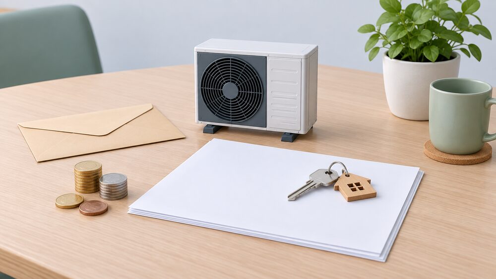 A small model of an air source heat pump fan unit stands on a table beside blank application paperwork, a voucher envelope and a few coins, with a house key resting on the papers.