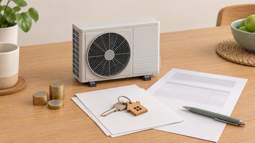 A small model of an air source heat pump outdoor fan unit sits on a kitchen table beside blank paperwork, a blank invoice, a pen and a small stack of coins, with a house key resting on the papers.