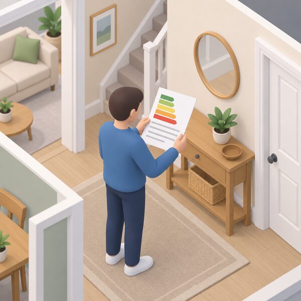 A simplified isometric figure stands at a domestic hallway table holding a paper energy performance certificate, shown as a physical document with a plain colour rating band and blank lines, with the house interior suggested around it.