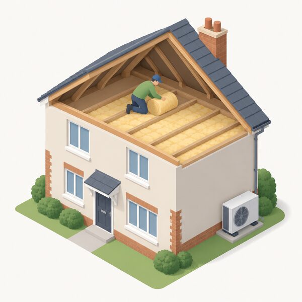 A simplified isometric figure in plain clothing laying a roll of loft insulation between joists in a home's loft space, showing the insulation measure funded under one scheme while the heat pump remains a separate measure elsewhere in the house.