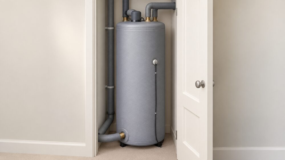 A tall factory-insulated unvented hot water cylinder standing in an airing cupboard, shown close up with insulated pipework entering at the top and bottom, a temperature probe on the tank wall, and a small immersion heater cap at the top, with nothing else in the scene.