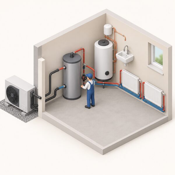 A cutaway utility room scene showing a buffer tank connected into the heating circuit pipework between a heat pump and the radiators, with a small isometric installer figure checking the connections, clearly separate from the domestic hot water cylinder.