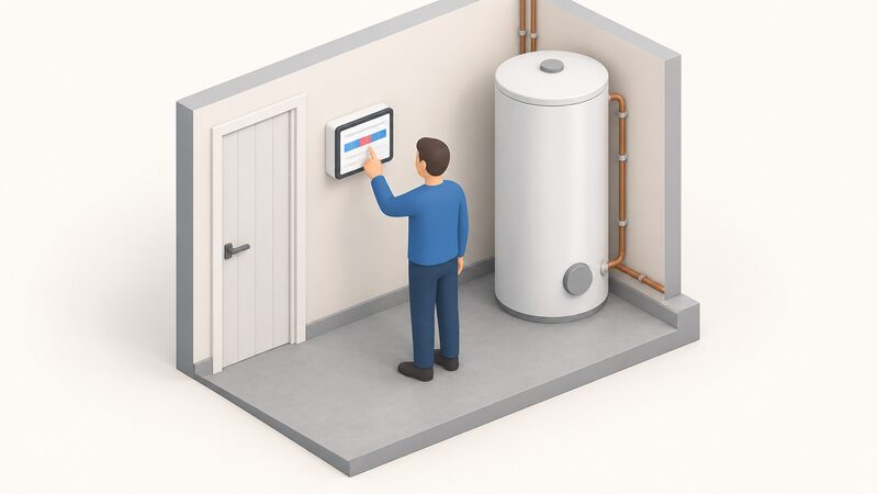 A wall-mounted heat pump controller screen showing a scheduled legionella sterilisation cycle as plain colour bands and blank lines, with a simplified figure adjusting it, and a hot water cylinder in the background of the same room.
