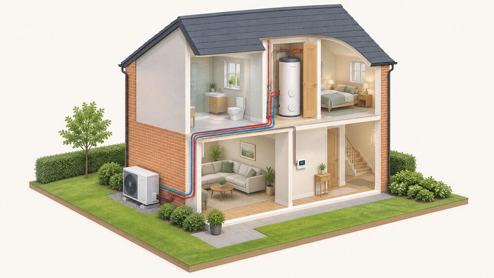 A cutaway of a house showing an air-to-water heat pump outdoor unit on the ground beside an external wall, insulated pipework entering the building, a hot water cylinder indoors in an airing cupboard, and a wall-mounted control panel, all connected by visible pipe runs.