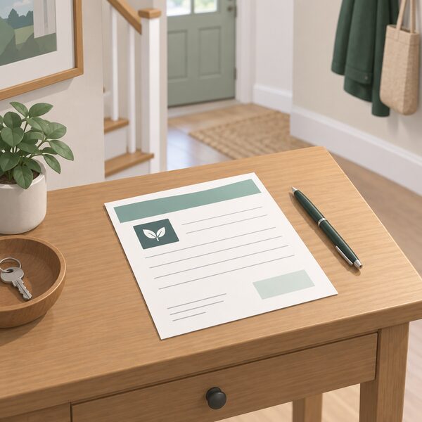 A single paper MCS certificate lying flat on a table in a home hallway, shown as a physical document with a plain header band, a simple emblem block and blank ruled lines, beside a pen, evidencing a grant-funded heat pump installation.