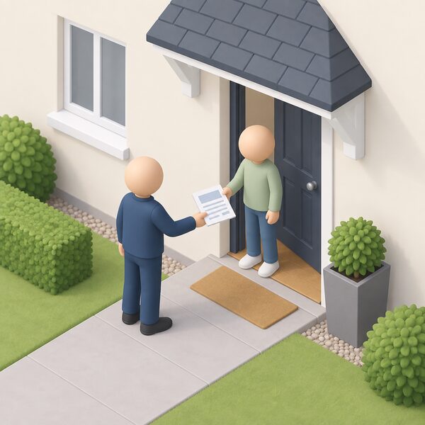A small simplified installer figure stands outside a house's front door handing a folded paper quote document to a householder figure, the sheet showing only blank lines and plain blocks where the specification details would be, with no readable words or numbers.