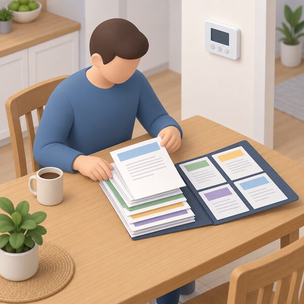 A homeowner's hand at a kitchen table lifting the top sheet from a neat stack of handover documents, with a compliance certificate, MCS certificate, commissioning record and operating and maintenance information kept together in a folder beside the heat pump controls.