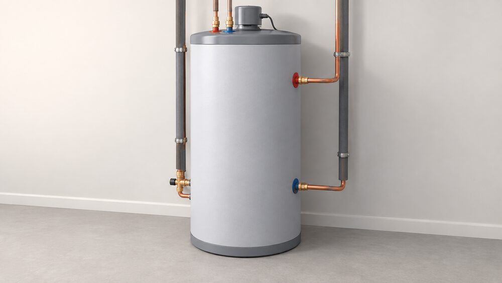 A tall, wide domestic hot water cylinder standing indoors, shown close up with its insulated jacket, pipework connections at the top and sides, and a backup immersion heater fitted at the top, with no other equipment in view.