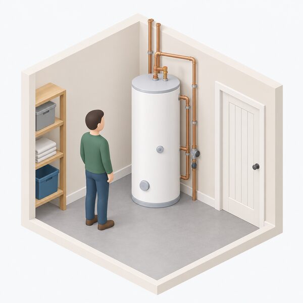 A tall domestic hot water cylinder standing in a home utility space, sized for a four-person household at around 200 litres, shown with its connecting pipework and a small isometric figure beside it for scale.