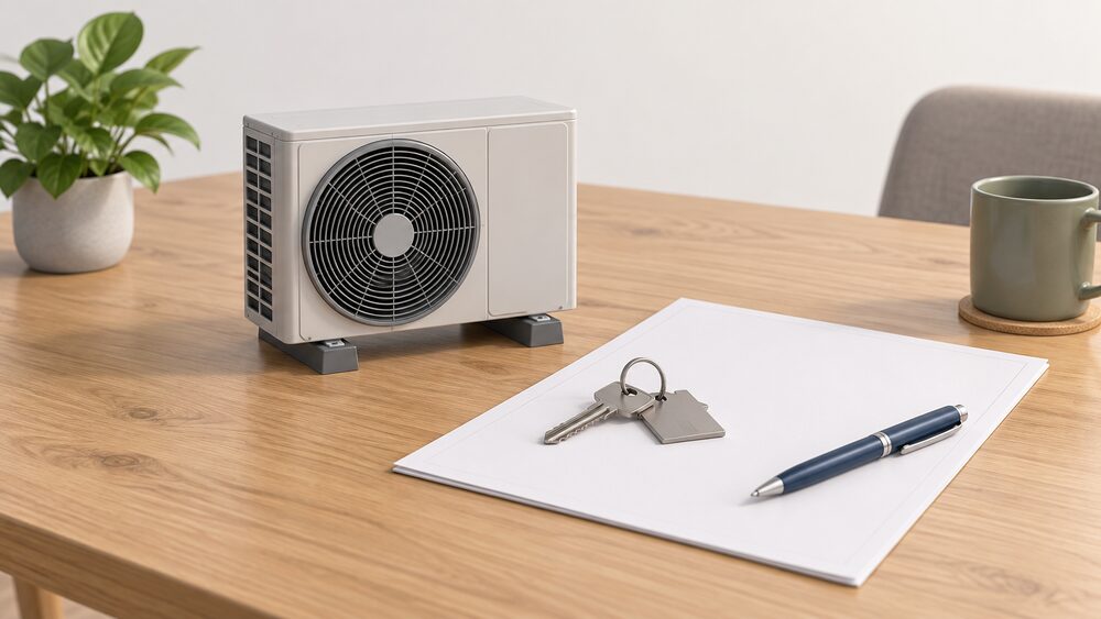 On a table, a small model of an air source heat pump outdoor fan unit stands beside a blank certificate document and a pen, with a house key resting on the paperwork.
