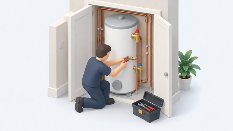 A G3-qualified installer in plain work clothing commissioning an unvented hot water cylinder in an airing cupboard, using tools on the pipework while the pressure relief valve and temperature relief valve on the cylinder are clearly visible.