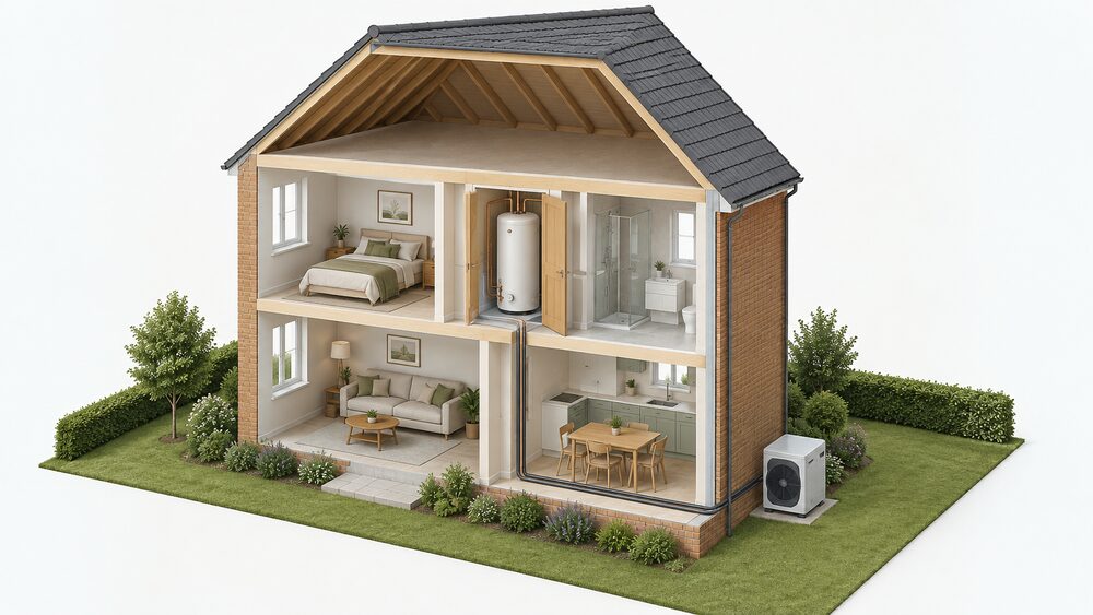 A cutaway house showing an air source heat pump fan unit standing outside on the ground at the rear wall, connected to a tall unvented hot water cylinder inside an airing cupboard, with no cold water tank in the empty loft space above.