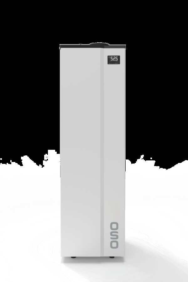 A tall white OSO unvented hot water cylinder with a digital display showing 52.5 degrees