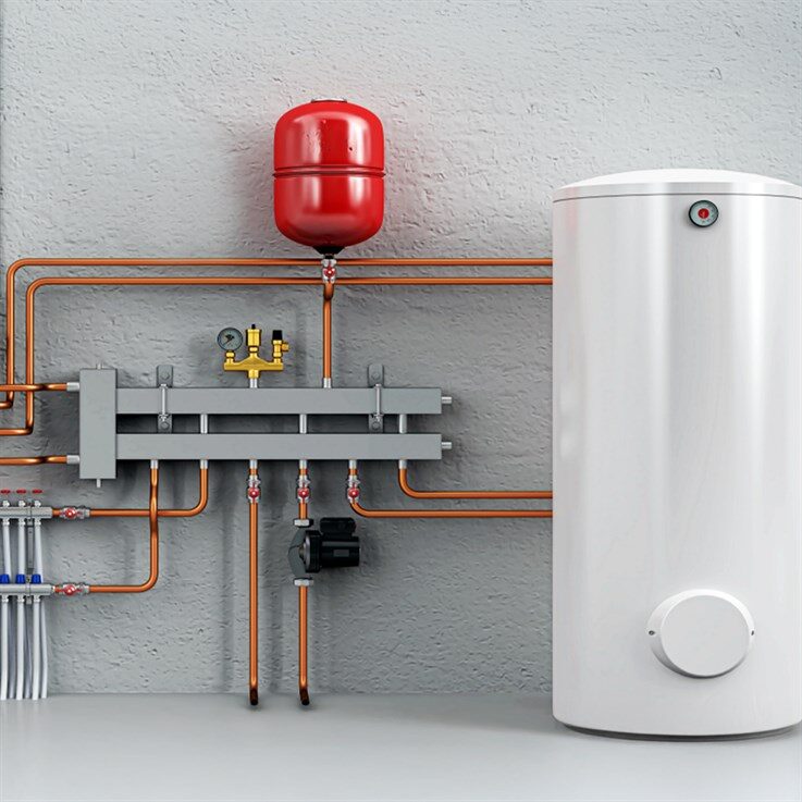 A 3D render of an unvented hot water cylinder with red expansion vessel, copper pipework, manifold and pump against a grey wall