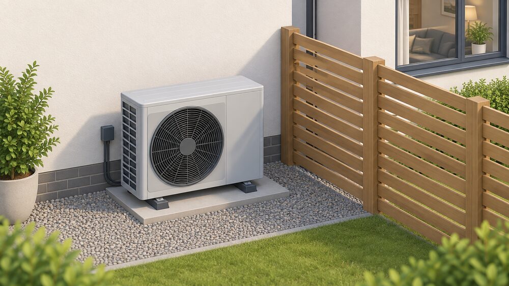A close-up of an air source heat pump outdoor fan unit standing on the ground outside a house wall, with a section of open fencing barrier between the unit and a neighbouring window visible at the edge of the scene.