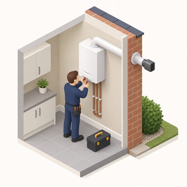 A wall-mounted gas boiler inside a home, shown in cutaway with its flue pipe passing horizontally through the outside wall and terminating in a flue terminal outdoors, with a small isometric figure servicing the boiler to show an existing installation still in use.