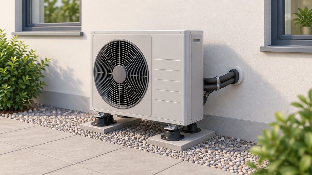 A close-up of an air source heat pump outdoor fan unit standing on the outside wall of a house, mounted on anti-vibration mounts with insulated refrigerant pipework passing through the external wall, with clear clearance from the wall and neighbouring windows.