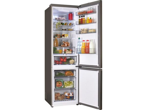 A Samsung fridge freezer with both doors open, stocked with food