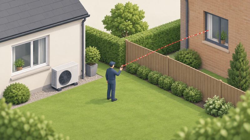 An installer with a tape measure or laser measure stands in a garden between a ground-mounted heat pump outdoor unit against a house wall and a neighbouring property, measuring the distance to a neighbouring window that marks the assessment position.